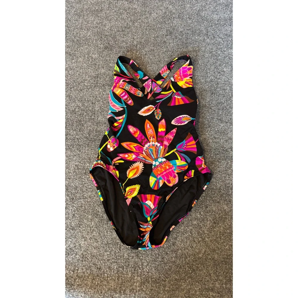 Trina Turk Black One-Piece Swimsuit with Neon Floral Print